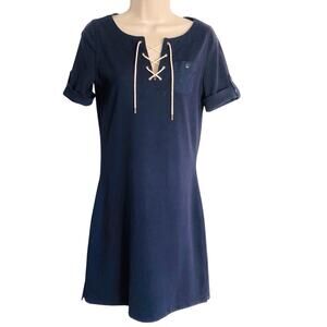 Ralph Lauren Jeans Co Navy Knit Shift Dress Lace Up V Neck Short Tab Sleeves